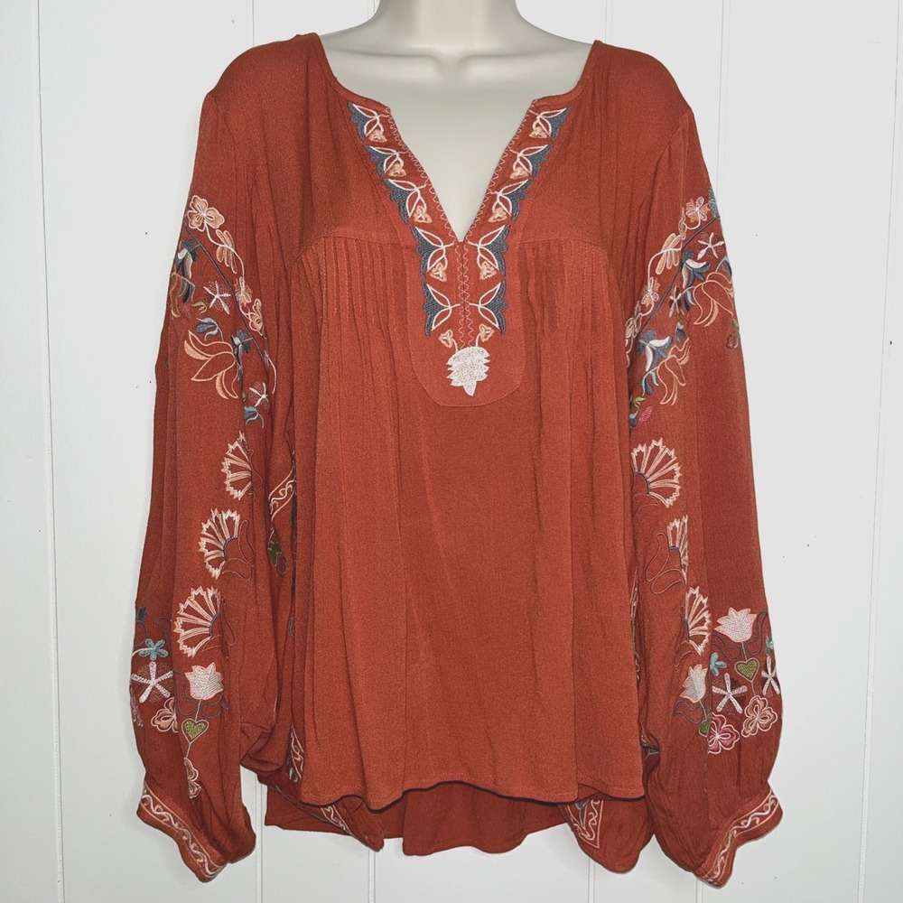 Embroidered Rust Boho Blouse